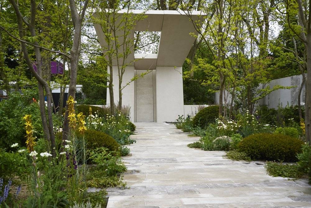 a floral display and structure at chelsea flower show