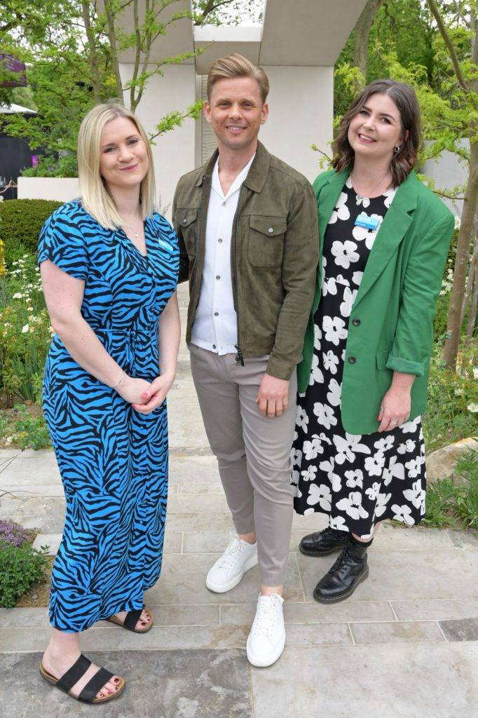 Holly Daulby, managing director of Honest Communications and Beth French, account director at Honest Communications, with celebrity Jeff Brazier on the Transcendence Garden at RHS Chelsea Flower Show.