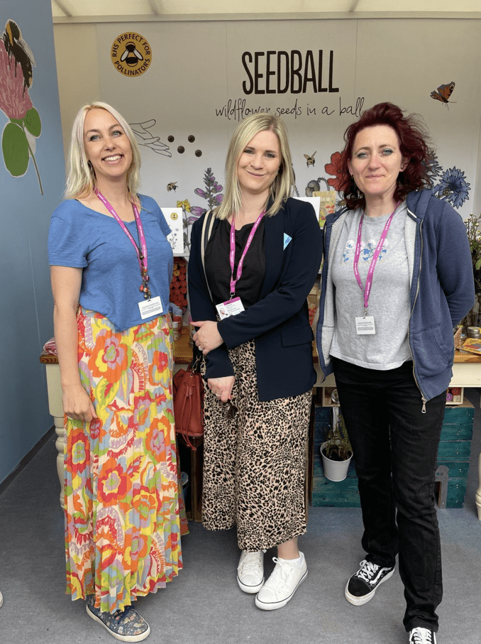Ana and Emily from Seedball with Holly from Honest Communications at the RHS Chelsea Flower Show 2023